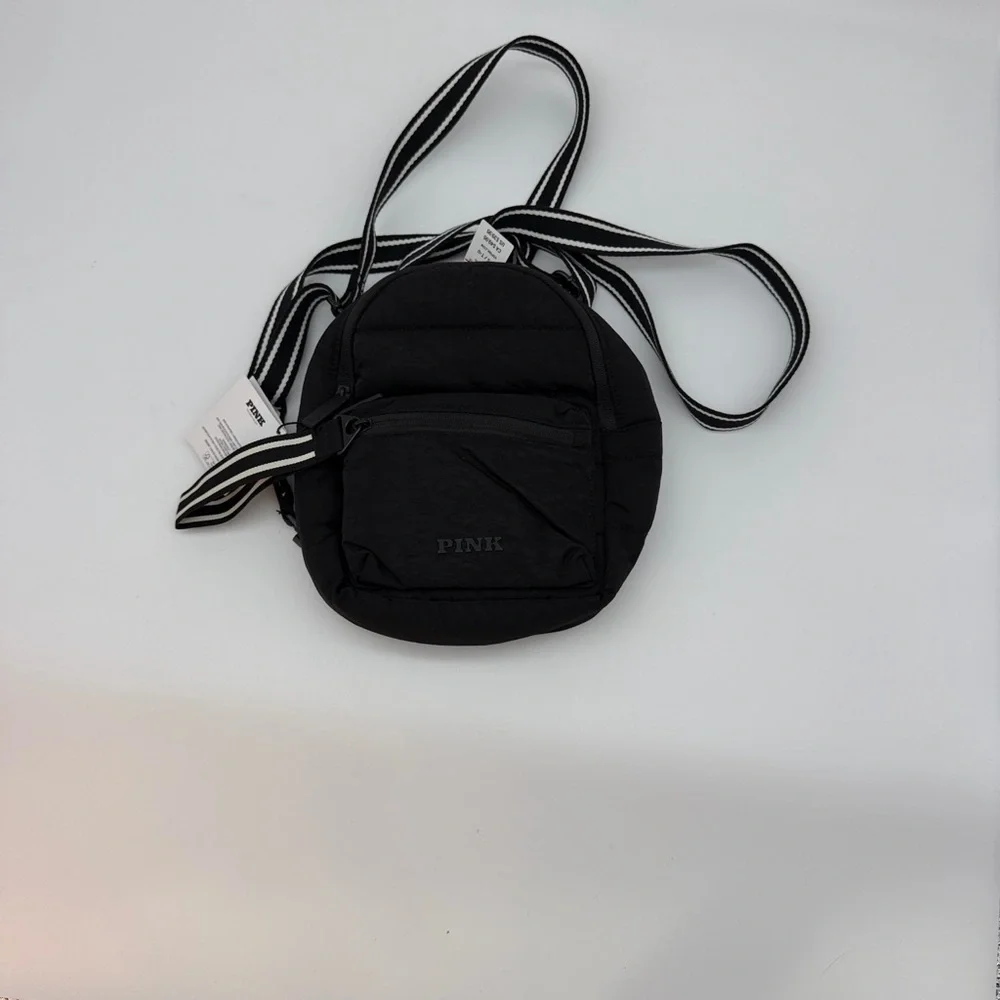 PINK Victoria's Secret Black Quilted‎ Mini Backpack with Striped Straps
